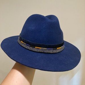 Anthropologie blue felt rancher hat w/ ribbon trim